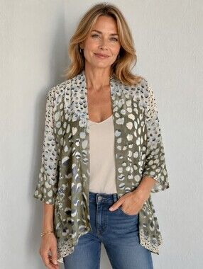 Zozo Olive, Navy & Cream Open-Front Sheer Print Cardigan, Size Medium